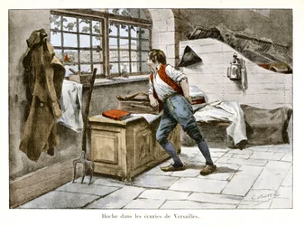 Chrastítko ve stájích ve Versailles: Lazare Hoche (1768-1797) vstoupil do královských stájí ve 14 letech jako nadpočetný asistent - Ilustrace Emile Boutigny (1853-1929) V „Hoche-Marceau-Desaix“ od Theodora Cahu (1854-1928 ) - Soukromá sbírka