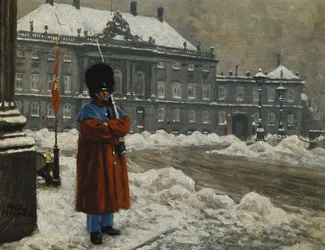 Royal Life Guard ve službě před královským palácem Amalienborg, Kodaň,