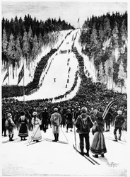 Lyže: Norské derby, lyžařský závod - kresba Paula Fishera, únor 1900, Bibl. des Arts Deco.
