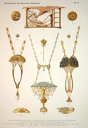 Návrhy šperků, deska 5 z „Documents de Bijouterie et Orfeverie modernes“, vydané Henri Laurens, Paříž, kolem roku 1900 (tónované chromolitho)
