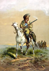 Obálka knihy „The Scout Buffalo Bill“ od Han. W.F. Cody, ilustrace P. Frenzeny, sd. mezi lety 1860 a 1890.