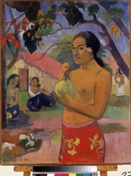 ""Eu haere ia oe"" Kam jdeš? (Žena drží ovoce. Kam jdeš?) (Tahitská žena držící ovoce) Obraz Paula Gauguina (1848-1903). Olej na plátně. Postimpresionismus. 1893. Rozměr 92 x 73 cm Ermitážní muzeum, Petrohrad (Saint-Petersb