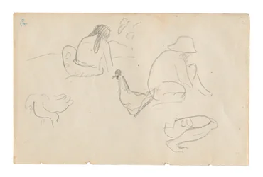 Náčrtky sedících postav a kuřat (recto), Nahé ženské torzo (související s obrazem Te a no areois [Semeno Areoi]) (verso), z Carnet de Tahiti (tahitský skicák)