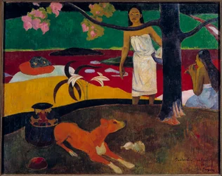 Tahitská scénická malba od Paula Gauguina (1848-1903) 1892 Sun. 0,87x1,13 m Petrohrad, Ermitážní muzeum