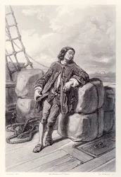 Kapitán Lemuel Gulliver na moři na své obchodní lodi, z francouzského vydání Gullivers Travels od Jonathana Swifta