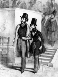 George Sandová (vpravo) oblečená jako studentka a její milenec Jules Sandeau v Paříži, kolem roku 1831, rytina Paula Gavarniho (1804-1866)