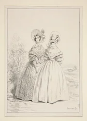 KVĚTEN 1837. Čepička (sic) se stahovací šňůrkou a kyticí fialek; ...
