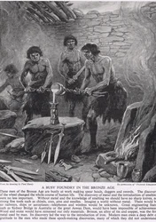 Rušná slévárna v době bronzové, ilustrace z „Příběhu britského lidu“, kolem roku 1950