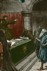 Inkvizice a vyhnání Židů ze Španělska: španělský Žid před velkým inkvizitorem kolem roku 1492 v době vydání Dekretu z Alhambry - ilustrace Paul Hardy 1891 Španělský Žid před velkým inkvizitorem
