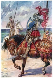 Rytíř Bílého měsíce, ilustrace z „Dobrodružství Dona Quijota“, vydal G. Bell and Sons, Ltd., 1911