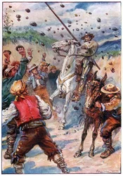 Zasypali Dona Quijota sprškou kamenů, ilustrace z „Dobrodružství Dona Quijota“, vydané nakladatelstvím G. Bell & Sons, Ltd.