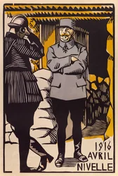 Ofenzíva generála Nivellea během bitvy u Verdunu, duben 1916 (barevný dřevoryt)