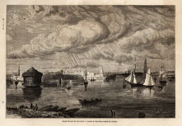 Vstup do přístavu New York, kresba Paula Hueta (1803-1869), pro ilustraci plaveb do Severní Ameriky v letech 1854-1855, L. Deville. Rytina v “”Le tour du monde”” 1861. Selva sbírka.