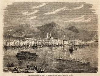Pohled na Montreal, kresba Paula Hueta (1803-1869), pro ilustraci plaveb do Severní Ameriky v letech 1854-1855, L. Deville. Rytina v “”Le tour du monde”” 1861. Selva sbírka.