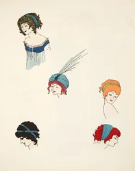 Návrhy pro čelenky z hospody Les Robes de Paul Poiret. 1908 (tisk šablony)