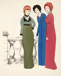 Three Empire Line Evening Coats z hospody Les Robes de Paul Poiret. 1908 (tisk šablony)
