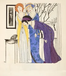 Troje empírové šaty z hospody Les Robes de Paul Poiret. 1908 (tisk šablony)
