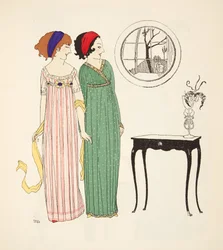 Dvoje empírové denní šaty z hospody Les Robes de Paul Poiret. 1908 (tisk šablony)