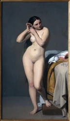 Akt u konzolového stolku. Obraz Paula Jourdyho (1805-1856). Francouzské umění
