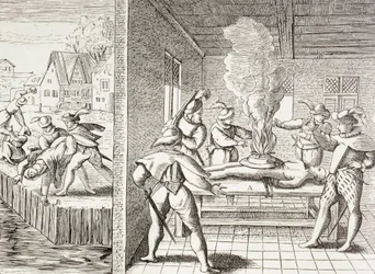 Propaganda 16. století ilustrující násilí Gueuxů proti katolíkům.