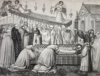 Smrt svatého Benedikta z Nursie neboli San Benedetto da Norcia, 480-547, v opatství Monte Cassino.