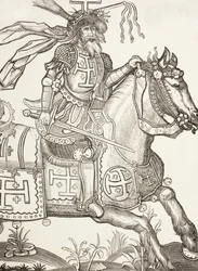 Godefroy z Bouillonu, kolem 1060-1100, středověký franský rytíř. Jeden z vůdců první křížové výpravy. Zde je zobrazen korunovaný nástroji Kristova utrpení. Podle dřevořezu z 15. století.