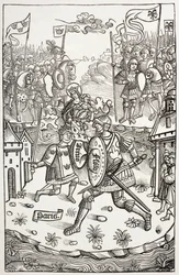 Král Artus neboli Artuš, chráněný Pannou, bojující s obrem. Podle dřevorytu v Chroniques De Bretagne, Alain Bouchard, vydáno 1514.