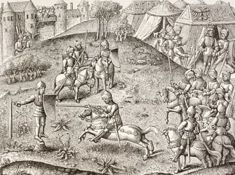 Tilting At A Quintain, The Revolving Effigy Of A Knight (Otáčející se rytířská figurína). Podle miniatury v Chroniques de Charlemagne z 15. století.