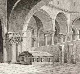 Hrobka Godfreye de Boullon, C 1060 - 1100, jak existovala v kostele Božího hrobu v Jeruzalémě. Hrobka je nyní zničena. Podle kresby z roku 1828.