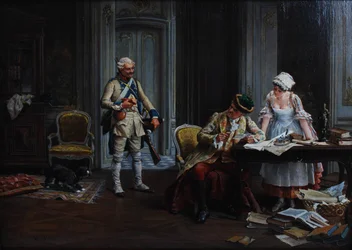 Le Billet de Logement. Olej na desce, signováno a datováno P Jazet 1879