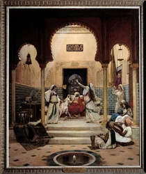 Východní tanečnice (břicho) v harému rozptylující pašu. Obraz Paula Boucharda (1853-1937) 1893 Sun. 1,6x1,3 m Paříž, musee d