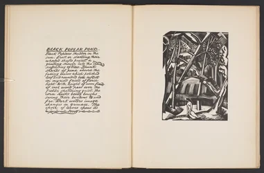 Rybník Černý topol, ilustrace z knihy "Místa. 7 grafik reprodukovaných z dřevorytů, které navrhl a vyryl Paul Nash, s ilustracemi v próze". Londýn, William Heinemann