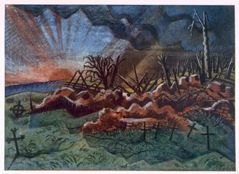 Sunrise, Ruins of a Hospice, severozápadně od Wytschaete, zničené bombardováním v roce 1917, od britských umělců na frontě, Pokračování Západní fronty, část třetí, Paul Nash