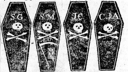 Kresba čtyř rakví z bostonského masakru, otištěná v Boston Gazette, 12. března 1770