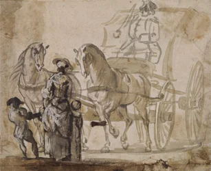 A Carriage and Pair, with Coachman (šedá a hnědá barva zvýrazněná bílou na papíře)