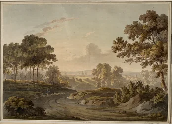 Oxford [grafika]. Pastýř pasoucí ovce na cestě směrem k Oxfordu, který je vidět na obzoru osvětleném záři západu slunce.