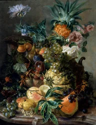 Zátiší s ovocem a květinami. Obraz Paula Theodora van Brussela (1754-1795) Soukromá sbírka.