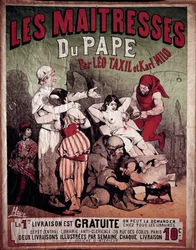 Plakát k „Papežským paním“ od Lea Taxila (1854-1907) a Karla Mila, antiklerikální kniha z roku 1884. Žena je zobrazena mučená na pranýři, kat jí probodává prsa. Ilustrace Hode, 20. století. Soukromá sbírka