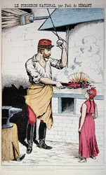 Ilustrace z "La Bombe" zobrazující generála Boulangera s Marianne, karikatura k francouzským volbám v roce 1889, 9. června 1889 (barevná litografie)