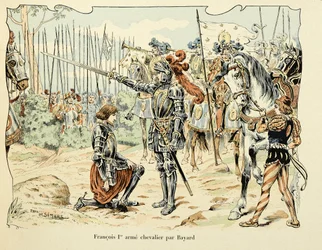 Ilustrace převzatá z knihy „Histoire du chevalier Bayard“ od Theodora Cahu, ilustrovaná Paulem De Semantem (1855-1915): Francois 1, er arme chevalier par Bayard 1515