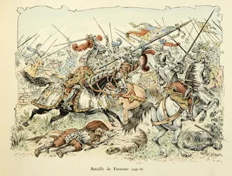 Ilustrace převzatá z knihy „Histoire du chevalier Bayard“ od Theodora Cahu, ilustrovaná Paulem De Semantem (1855-1915): Bitva u Fornoua 1495