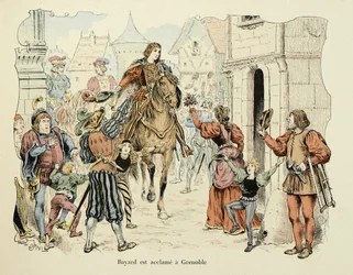 Ilustrace převzatá z knihy „Histoire du chevalier Bayard“ od Theodora Cahu, ilustrovaná Paulem De Semantem (1855-1915): Bayard chválí v Grenoblu