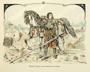 Ilustrace převzatá z knihy „Histoire du chevalier Bayard“ od Theodora Cahu, ilustrovaná Paulem De Semantem (1855-1915): Portrét Bayarda podle dobové miniatury
