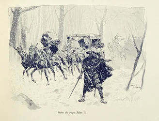 Ilustrace převzatá z knihy „Histoire du chevalier Bayard“ od Theodora Cahu, ilustrovaná Paulem De Semantem (1855-1915): Let papeže Julia II.
