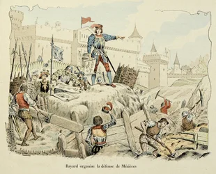 Ilustrace převzatá z knihy „Histoire du chevalier Bayard“ od Theodora Cahu, ilustrovaná Paulem De Semantem (1855-1915): Bayard organizuje obranu Mezieres 1521