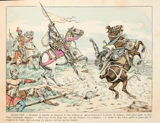 Ilustrace převzatá z knihy „“ Johanka z Arku „“ od Theodora Cahu a ilustrovaná Paulem De Semantem (1855-1915): 12. června 1429 Pán Lude zabíjí míčem během bitvy u Jargeau před Johankou z Arku