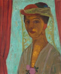 ""Autoportrét s kloboukem a závojem"" (Autoportrét s kloboukem a závojem) Malba Pauly Modersohn-Becker (1876-1907) - 1906-1907 - Olej na kartonu Rozměr 89,6x79,8 cm Gemeentemuseum Den Haag (The Haag) Nizozemsko