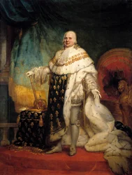 Celopostavový portrét Ludvíka XVIII. (1755-1824) v korunovačním rouchu, 1824. Rozměry: 2,69 x 2,04 m.