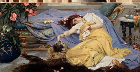 Fulvie (Fulvie Flacca Bambula, 77-40 př. n. l.) s hlavou Cicerona (Marcus Tullius Cicero)