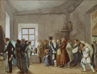 Přijímací místnost policejních komisařů noc před prázdninami, 1837